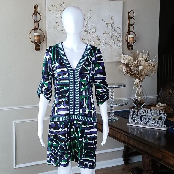 Women's Vibrant Geometric Print V-Neck Dress By BCBGMAXAZRIA. Size S - Picture 5 of 17